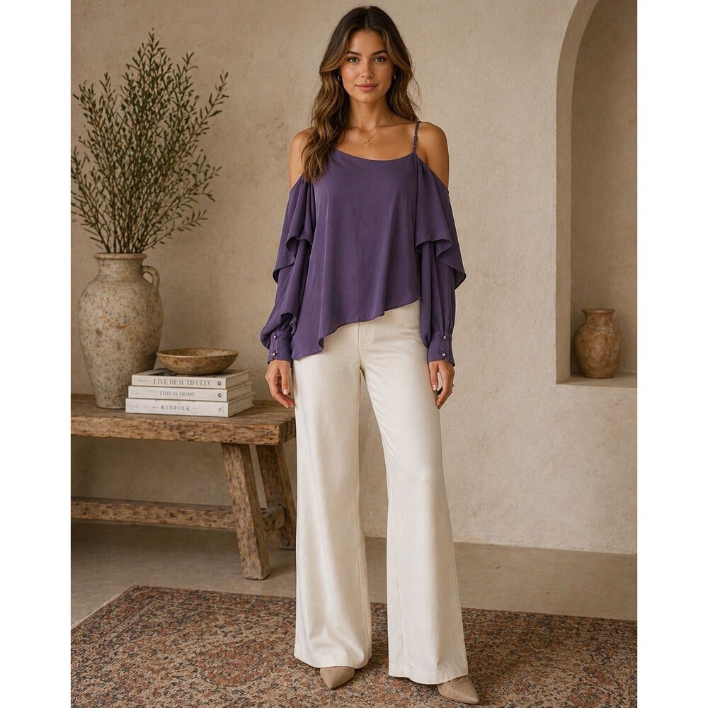 PARKER Women's Top Blouse MEDIUM Purple 100% Silk One Shoulder Asymmetrical